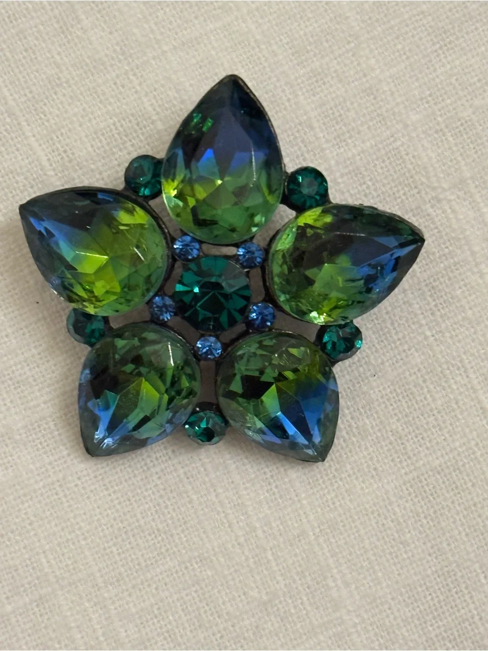 VTG Mid Century Vitrail Green Blue Rhinestone Flower Brooch
